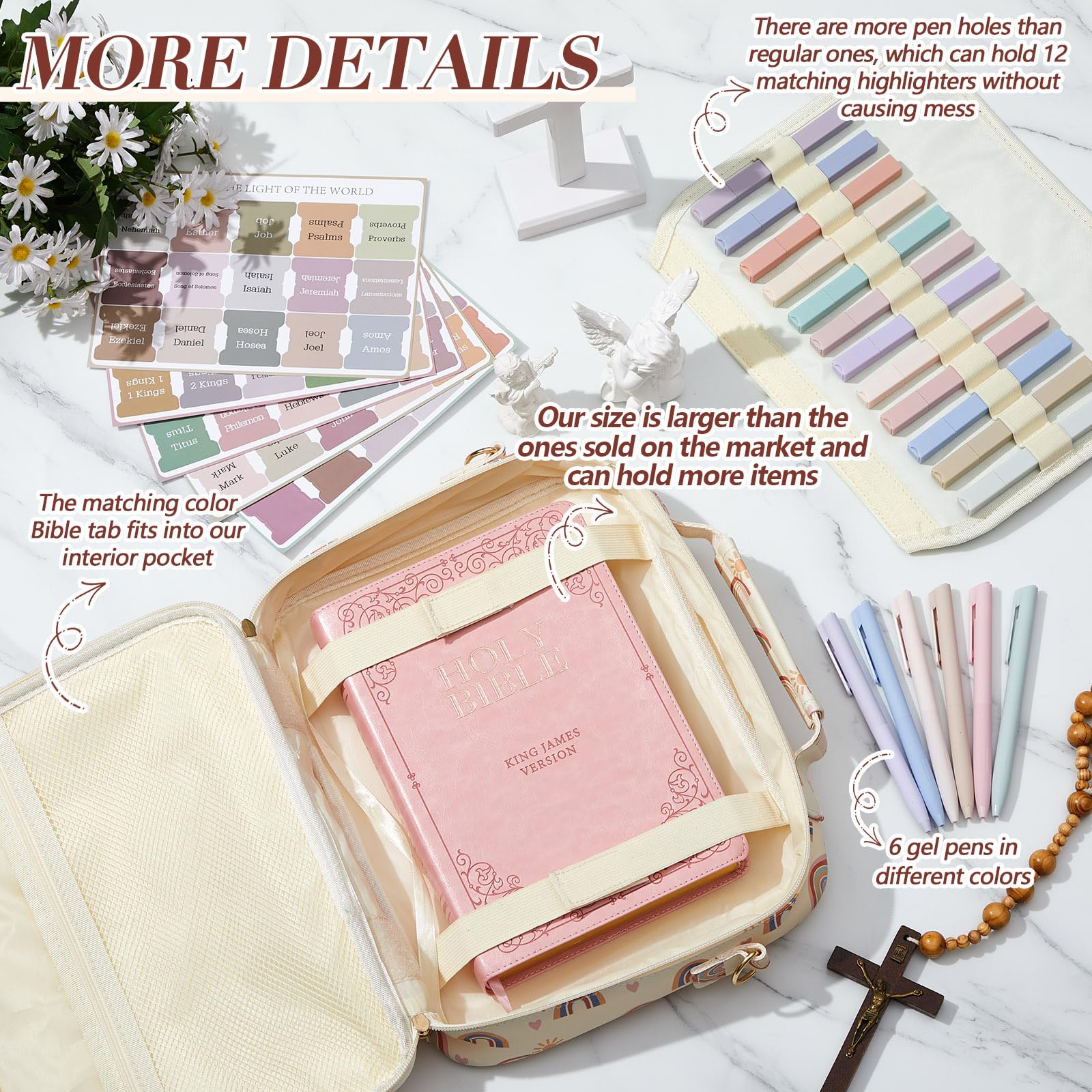 Bible Bag for Women, Floral Bible Bag 12x9x2.5in Large Chenille Letter Bible Cover PU Leather Bible Case with Tabs Colored Pen Highlighters Tote Bag with Shoulder Strap, Bible Journaling Kit Easter Gift for Church Women Girls,Sunday Prayer Supplies