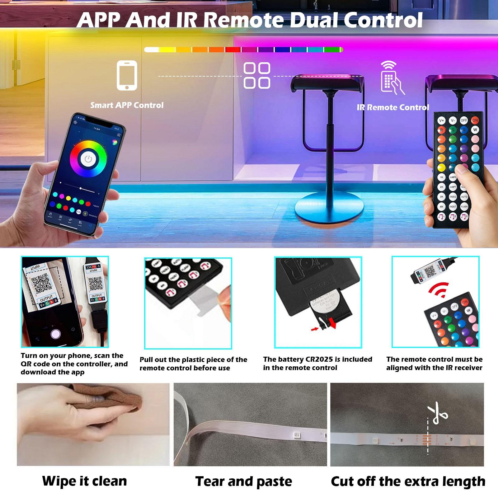 39.37-1574.8 Feet LED Smart Light Strip, APP or Remote Control with 44 Key Remote, Adjustable Color and Brightness, Light Dimmable for Home Decor