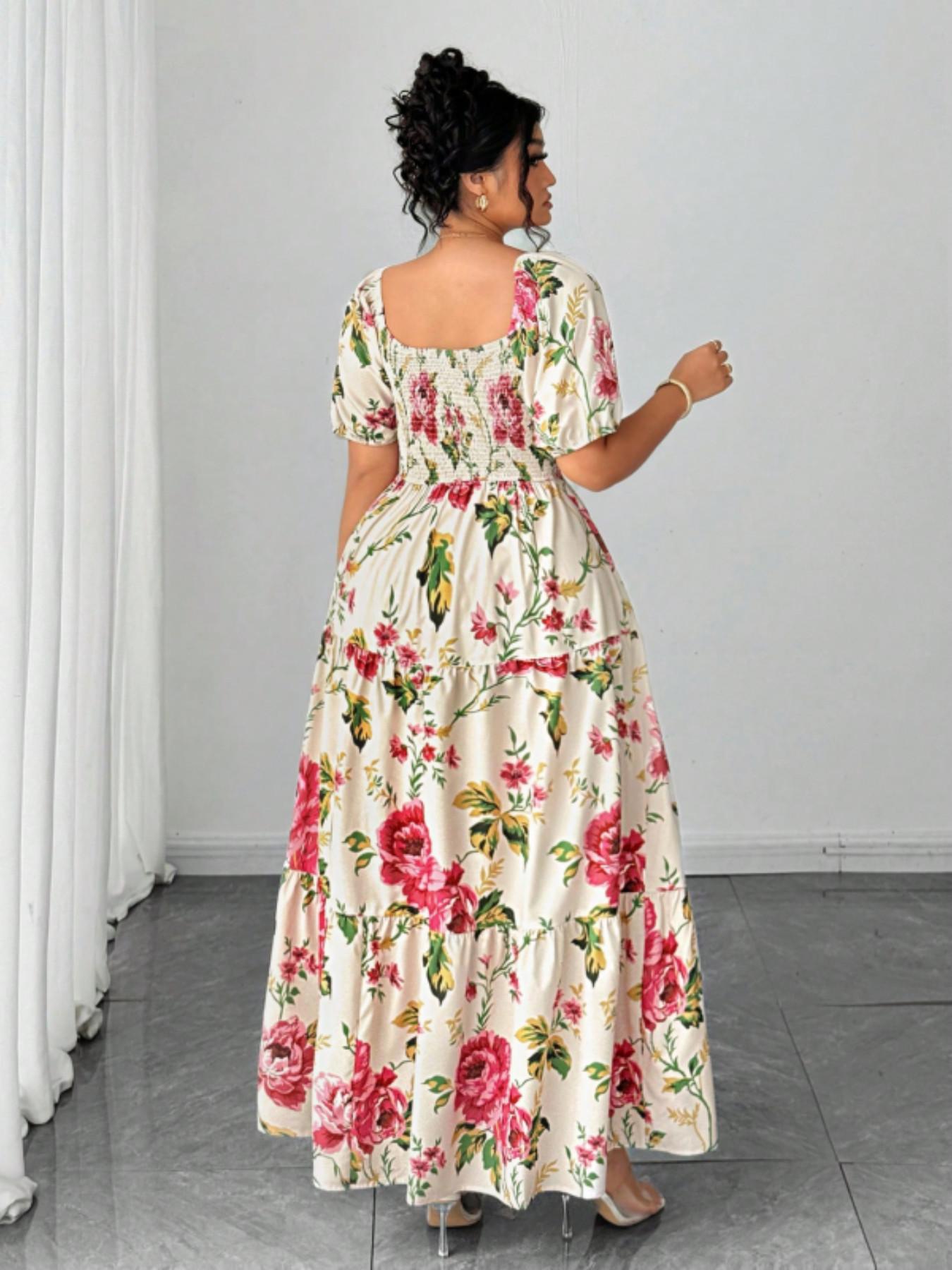 Elegant Plus Size Women Wedding Guest Dress, Square Neck Bubble Sleeve, Rose Floral Pattern, Long A-Line Skirt, Perfect for Weddings and Vacations