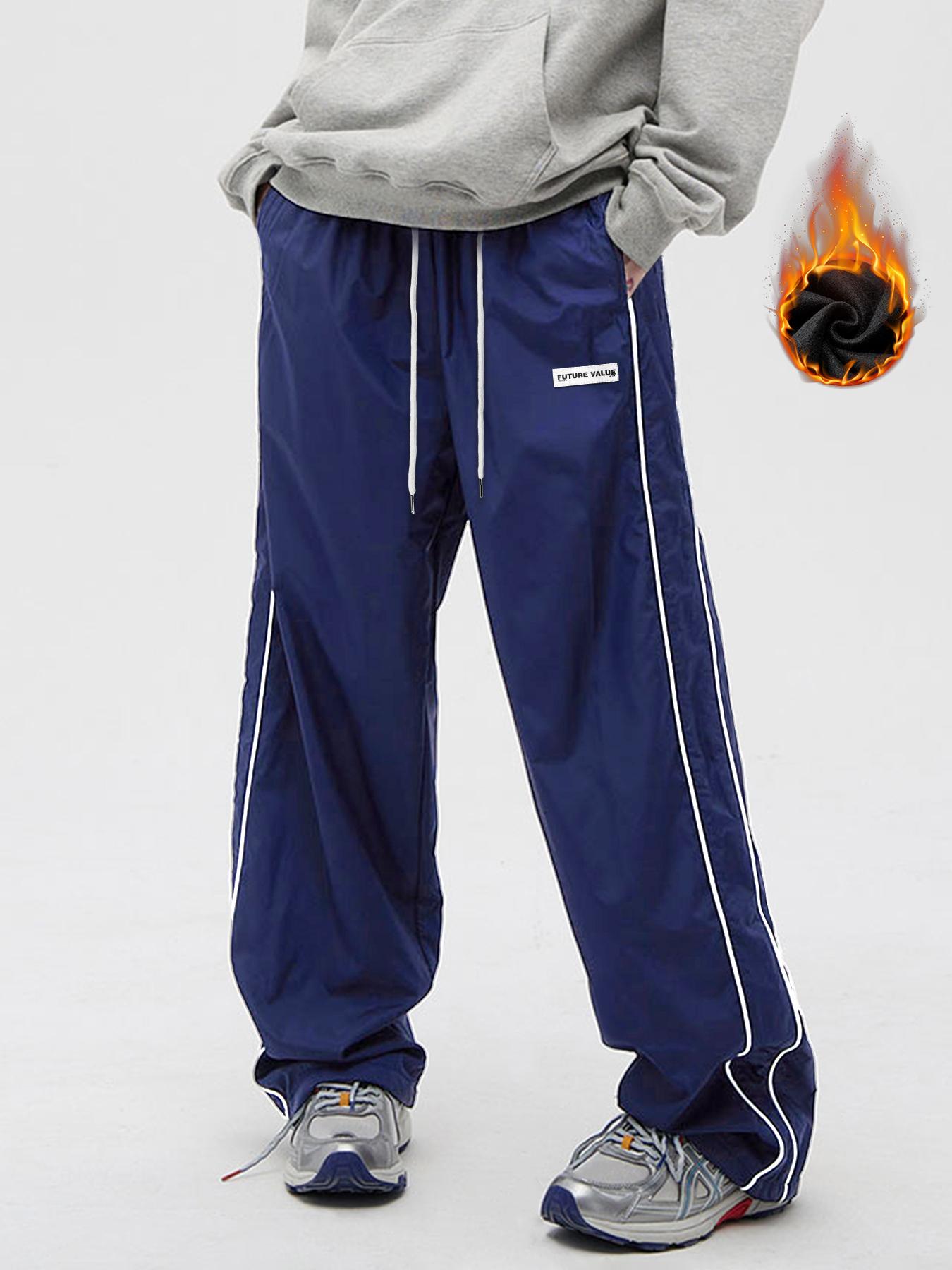 Men's Side Stripe Drawstring Waist Straight Leg Pants, Casual Pocket Letter Patched Trousers for Fall & Winter, Loose Menswear, Drippy Outfits