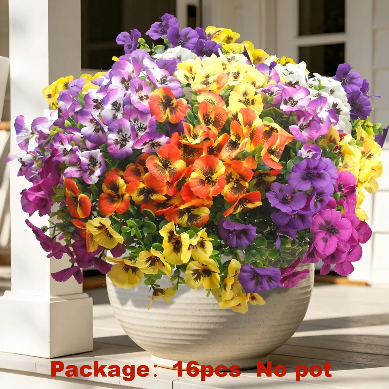 16 Bundles Artificial Pansy Flowers | UV Resistant Fake Silk Pansies, Realistic Outdoor/Indoor Decor for Porch, Patio, Planter, Window Box - Low Maintenance, Long-Lasting Blooms (Mix colors)