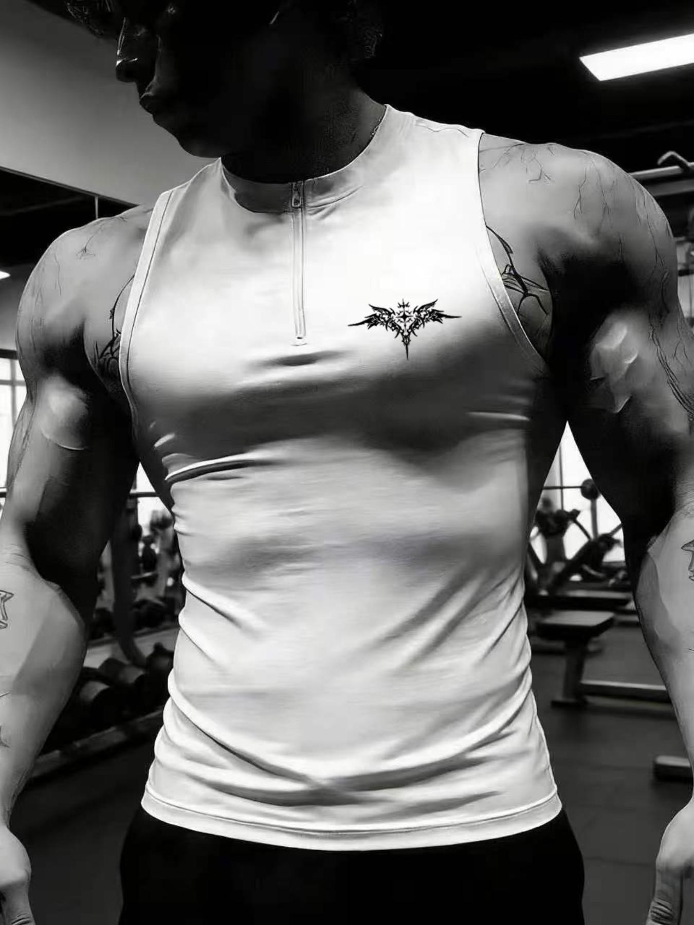 Mens Gothic Logo Quick Dry Sleeveless Shirt | Muscle Fit Half Zip Workout Tank | Gym Bro Streetwear Fitness Top