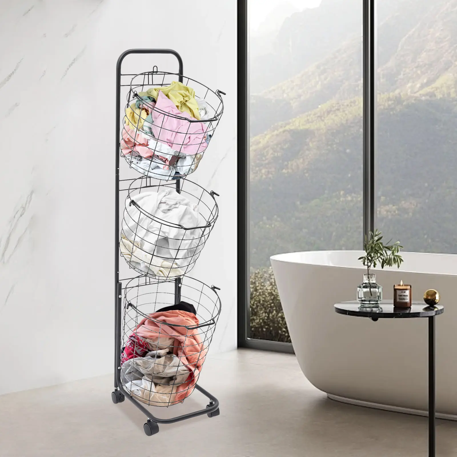 3 Tier Laundry Hamper Organizer 123cm with Wheels for Bathroom Bedroom Kitchen Use