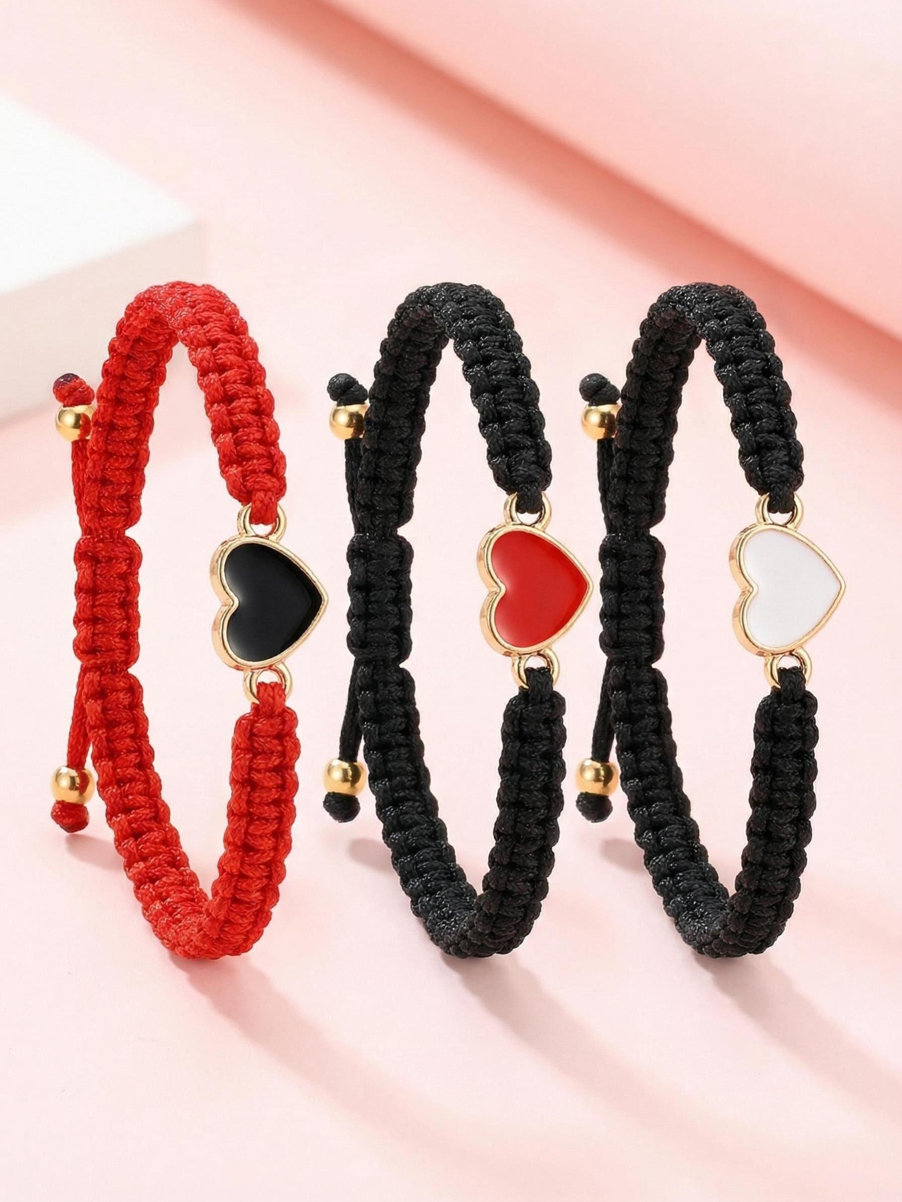 Couple Braided Bracelet Set, Spacer Beads, Jade Thread Flat Knot, Gold Edge, Heart Design, Romantic Jewelry Gift