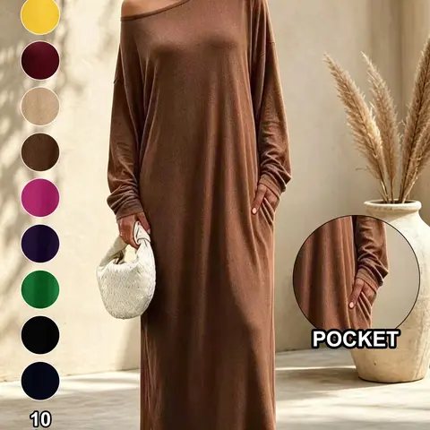Women's New Loose Asymmetrical Neckline Dress, Elegant Solid Color Plain Casual Street Style, Minimalist Fall Fashion Long Dress