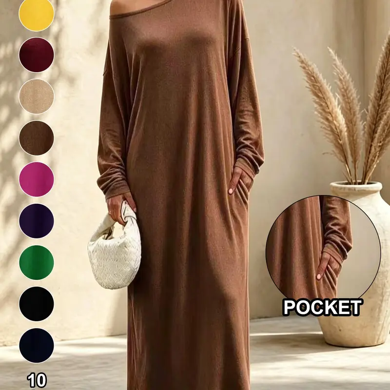Women's New Loose Asymmetrical Neckline Dress, Elegant Solid Color Plain Casual Street Style, Minimalist Fall Fashion Long Dress