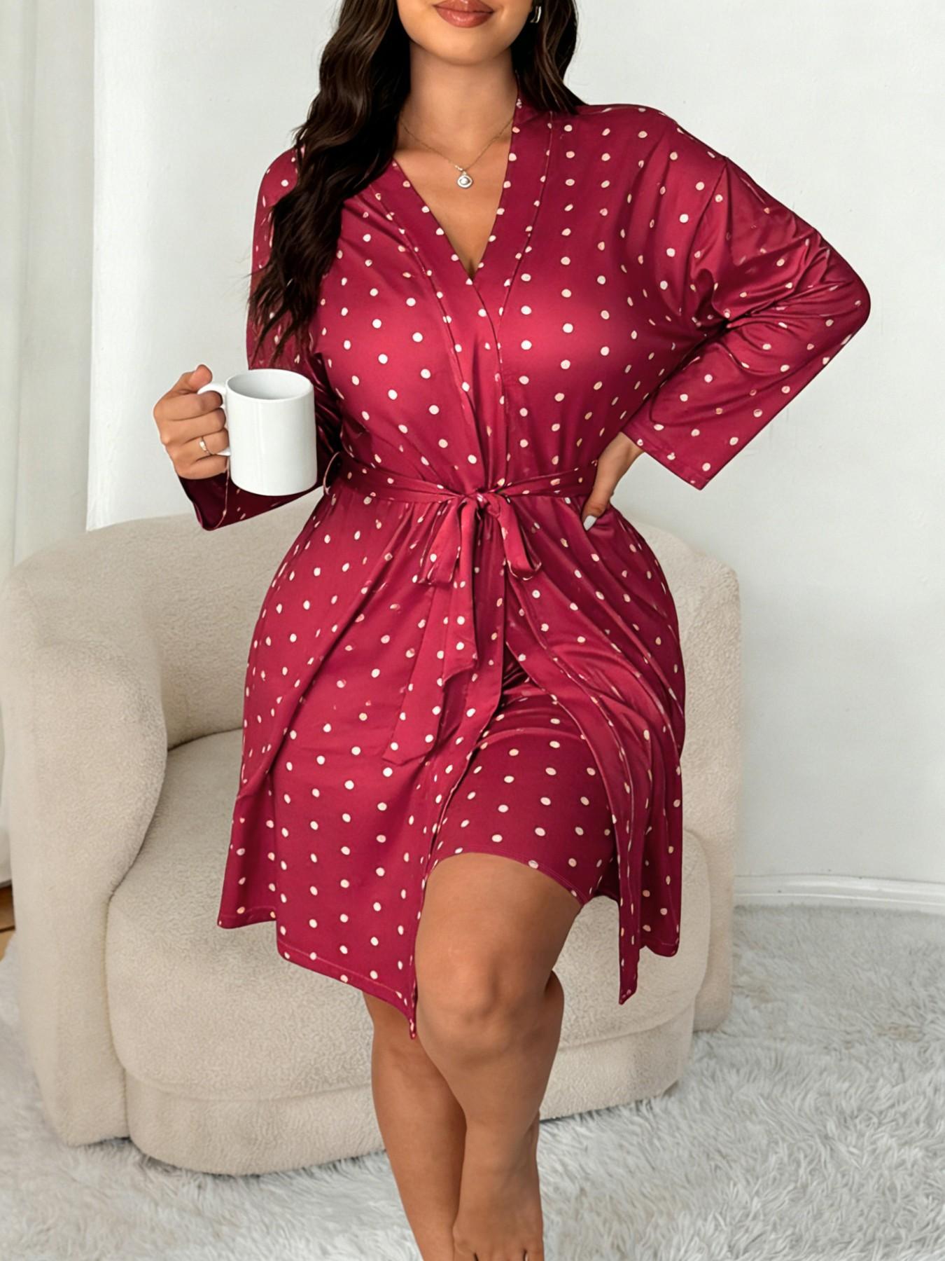 Plus Size Women's Nightwear Set, Floral Print Lace Nightdress + Long Robe, Comfortable Soft Home Sleepwear, Casual Fitted Style Plus Size Women's Nightwear Set, Floral Print Lace Nightdress + Long Robe, Comfortable Soft Home Sleepwear, Casual Fitted Style