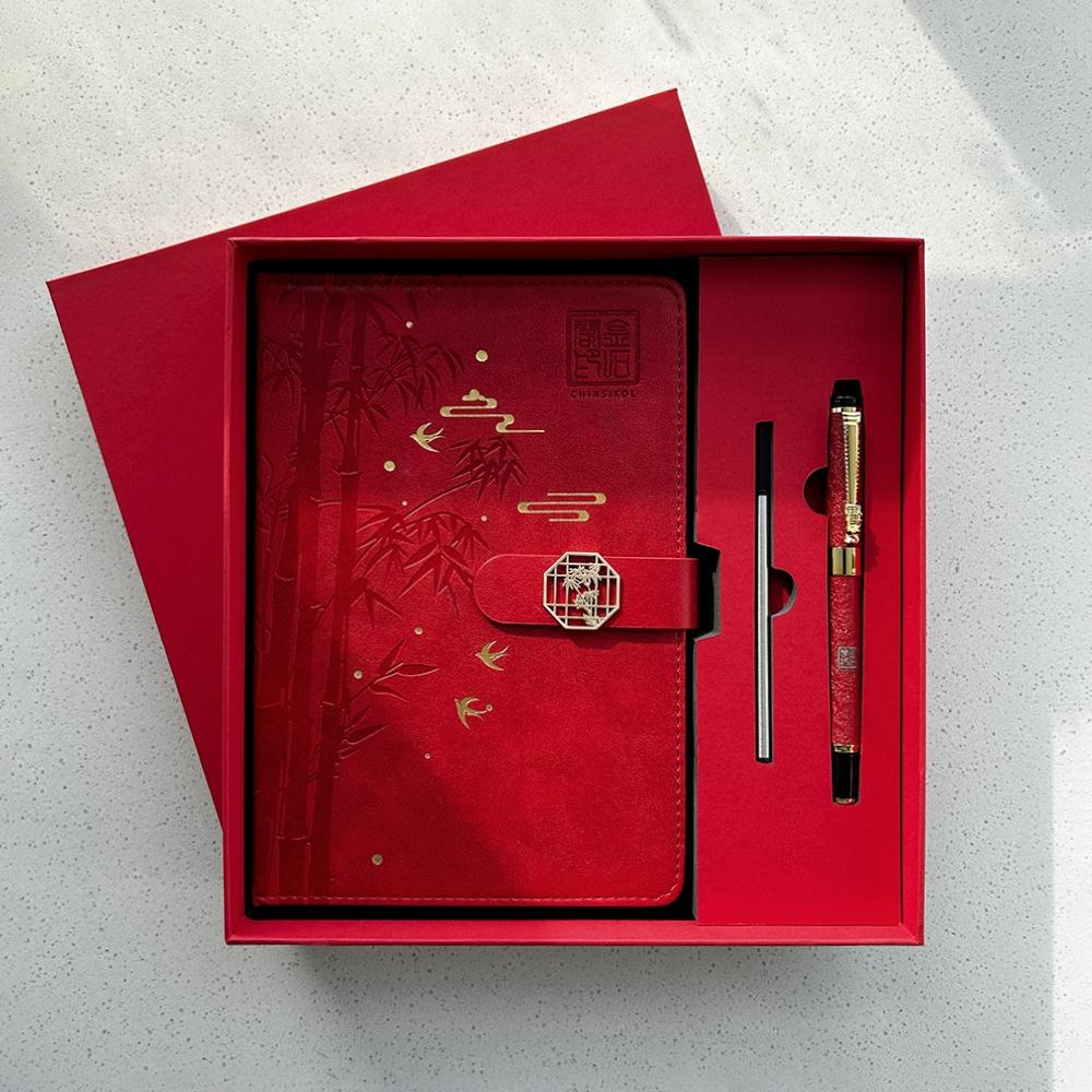Chinsikol Gift Box Set, Chinese Style Notebooks with Metal Pen and Replacement Refills, Bamboo Pattern, Office Meeting Notes, Study Journals, Portable Notebook