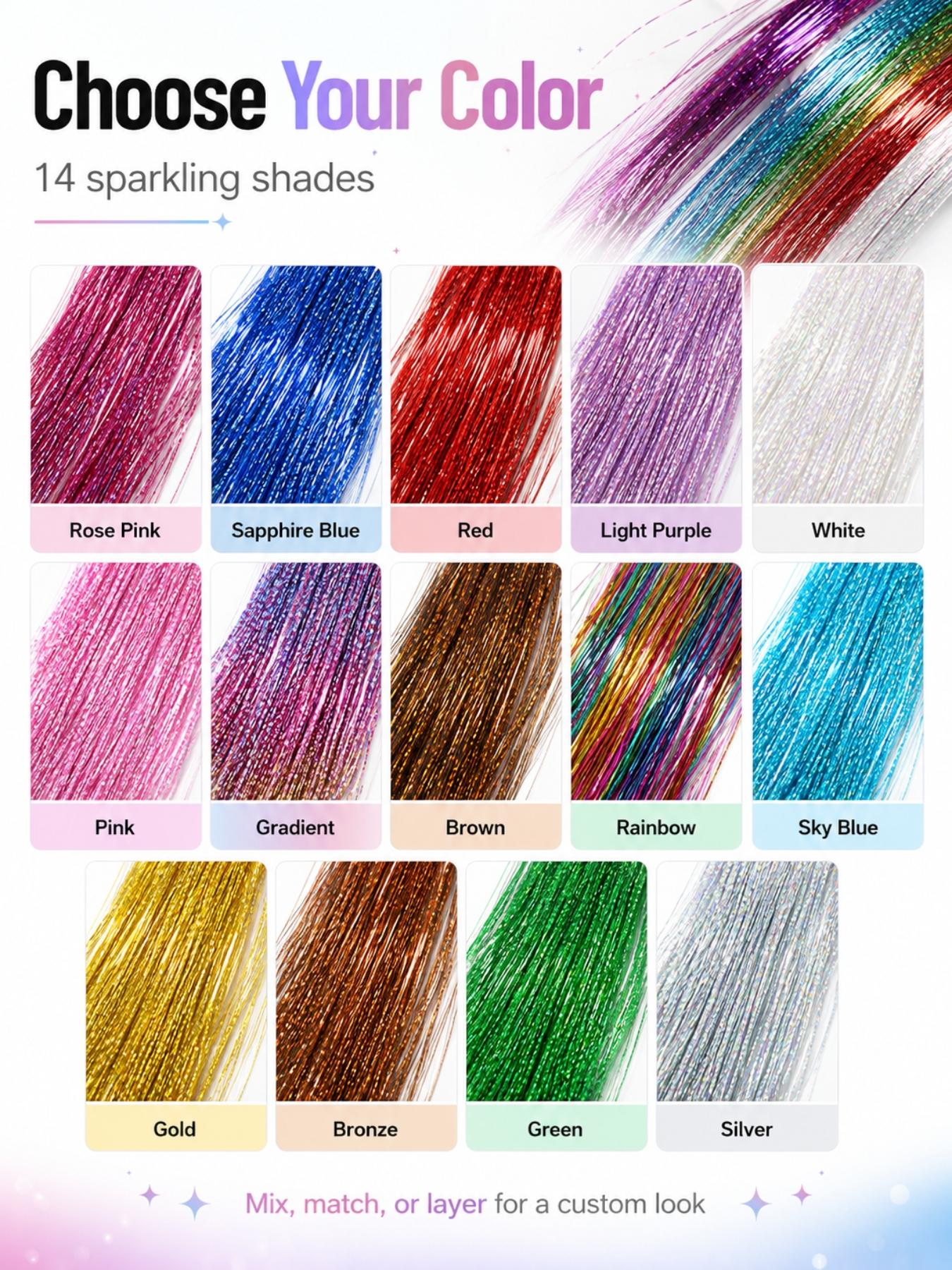 14pcs Glitter Colorful Clip On Hair Tinsel Kit,Synthetic Fiber Hair,20 Inch Clip In Hair Tinsel Extensions,Sparkle hair extensions,Clip-on Hair Pieces,clip in hair accessories,Cosplay Party Festival hair extensions