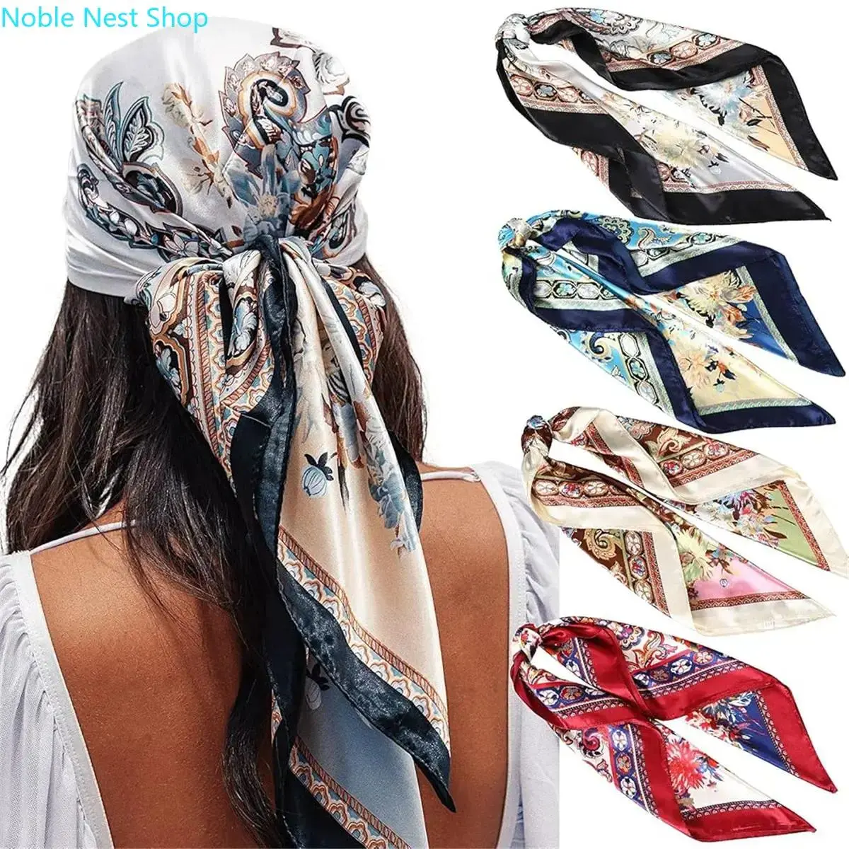 4-Pack 35 Inch Printed Large Square Satin Scarf Set, Silk-Like Multipurpose Head Bandana Kerchief, Hair Neck Sleeping Wrap Accessories for Women and Men