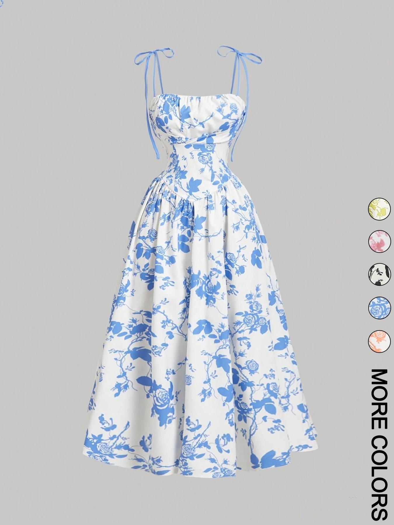 Women's Floral Print Tie Shoulder Cami Dress, Fashion Casual Sleeveless Spaghetti Strap Dress for Daily Outdoor Wear, Women Dress for Summer