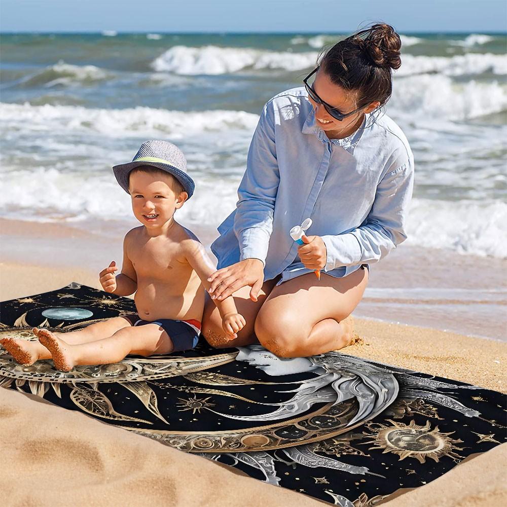 [Beach Towel] Sun and Moon Psychedelic Art Beach Towel - Premium Microfiber Digital Print Design, Ultra-Soft and Quick-Dry Aesthetic Bohemian Tapestry Style Bath Towel for Summer Vacation, Poolside, Travel – Durable Vivid Colors Fade-Resistant 1pc