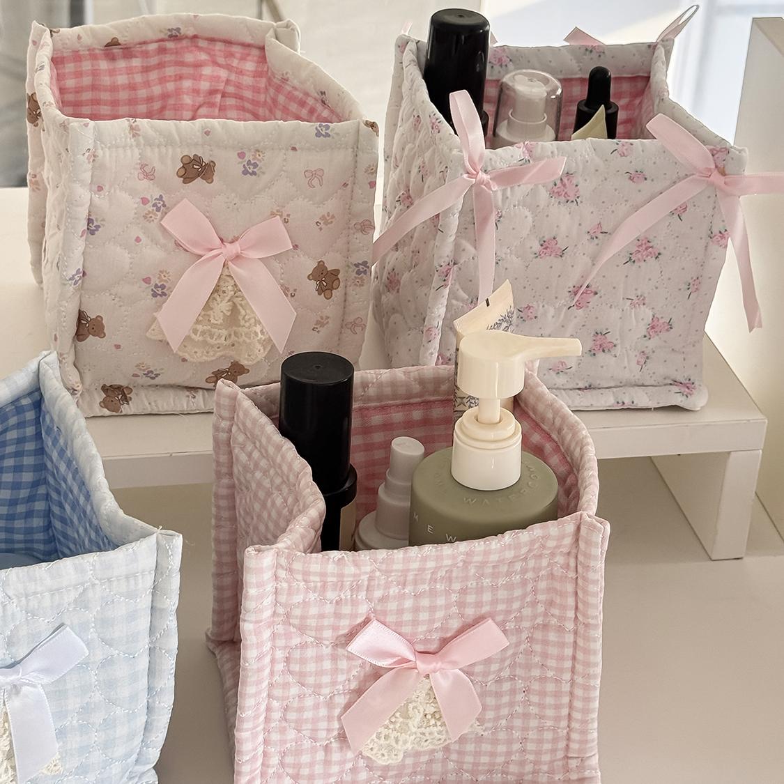 Cute butterfly quilted fabric storage basket, foldable square desktop organizer for cosmetics, skincare products, and miscellaneous items, Instagram-style floral print storage bin suitable for home, dorms, and vanity tables