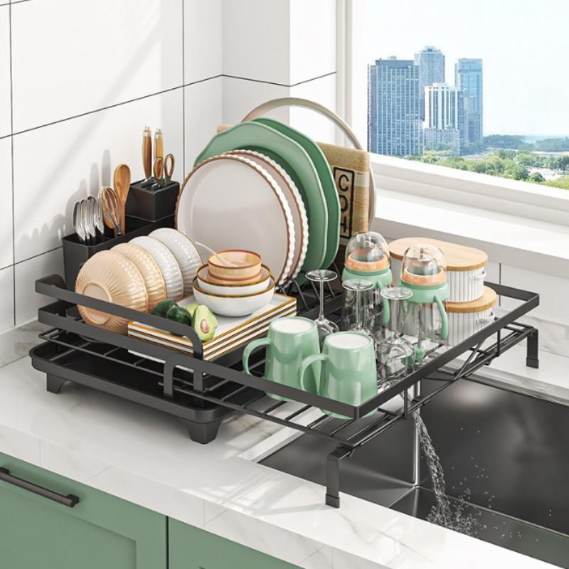 Adjustable Cutlery Rack Kitchen Organizer, Extendable Bowl and Cutlery Rack with Drain Board, Saves Space, Keeps Kitchen Tidy