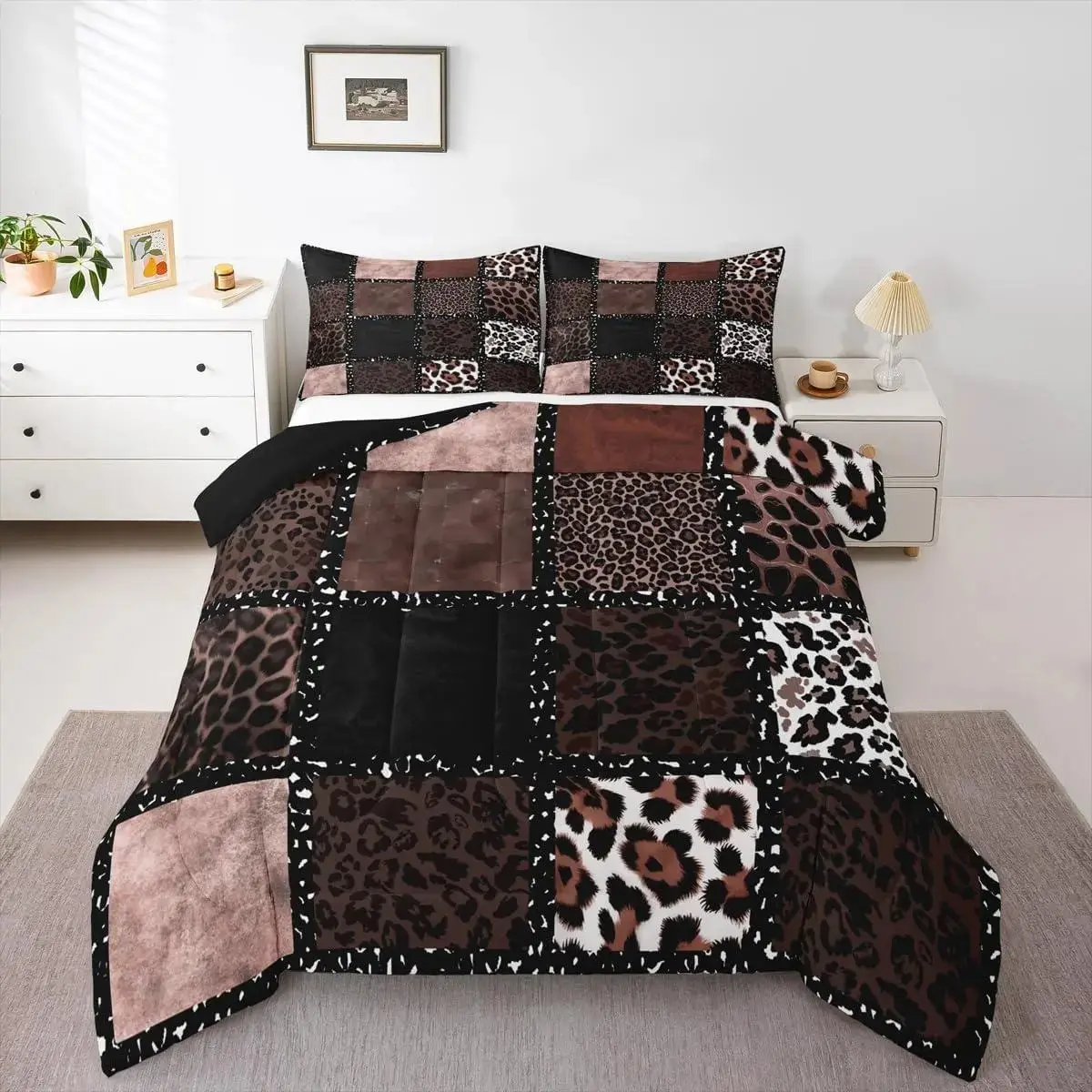 Leopard Print Quilt Set, Includes 1 Quilt and 2 Pillowcases, Vintage Wild Style Bedroom Bedding, No Pillow Inserts, Bedding Sets