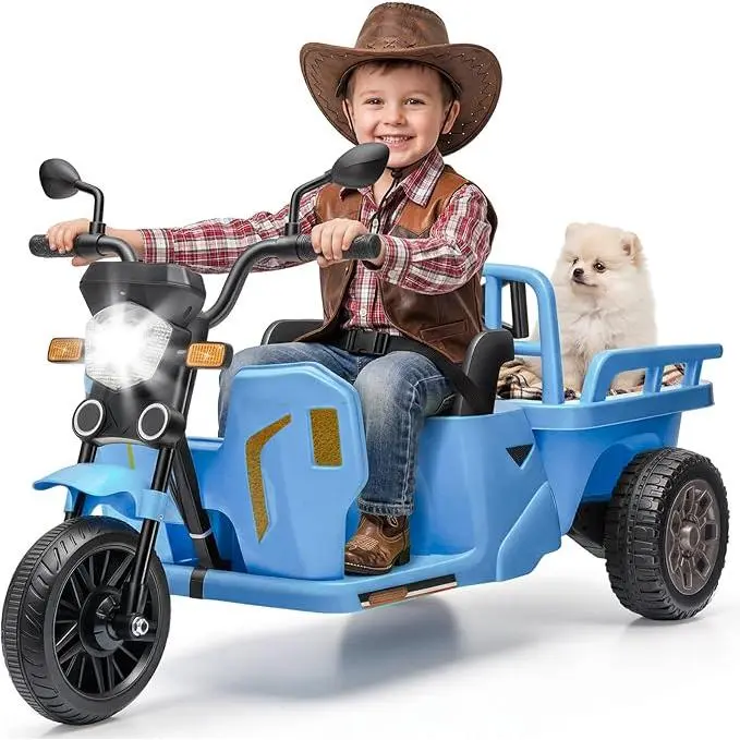 12V Kids Motorcycle, 3-Wheels Electric Tricycle with Trailer, Ride On Tractor Ride on Motorcycle for Kids Toddler, w/Sand Shovel, 2x55W Motor, Bluetooth, Music, Headlight, Gift for Boy Girl