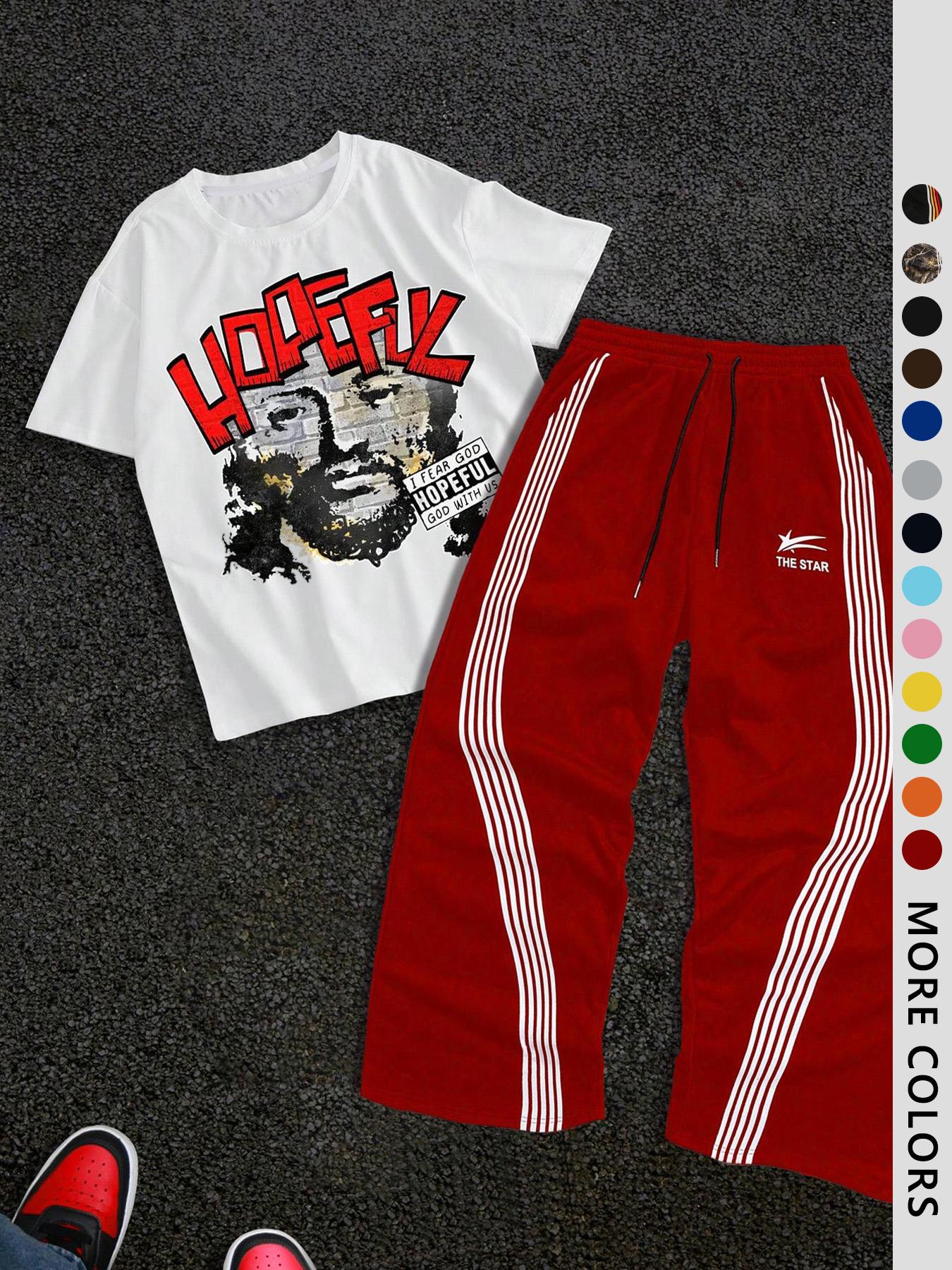 Men's Letter Print Short Sleeve Graphic Tee & Side Stripe Drawstring Waist Pants Two-piece Set, Regular Fit Round Neck T-shirt & Pocket Trousers, Casual Fashion Cozy Breathable Men Outfits for Spring & Fall