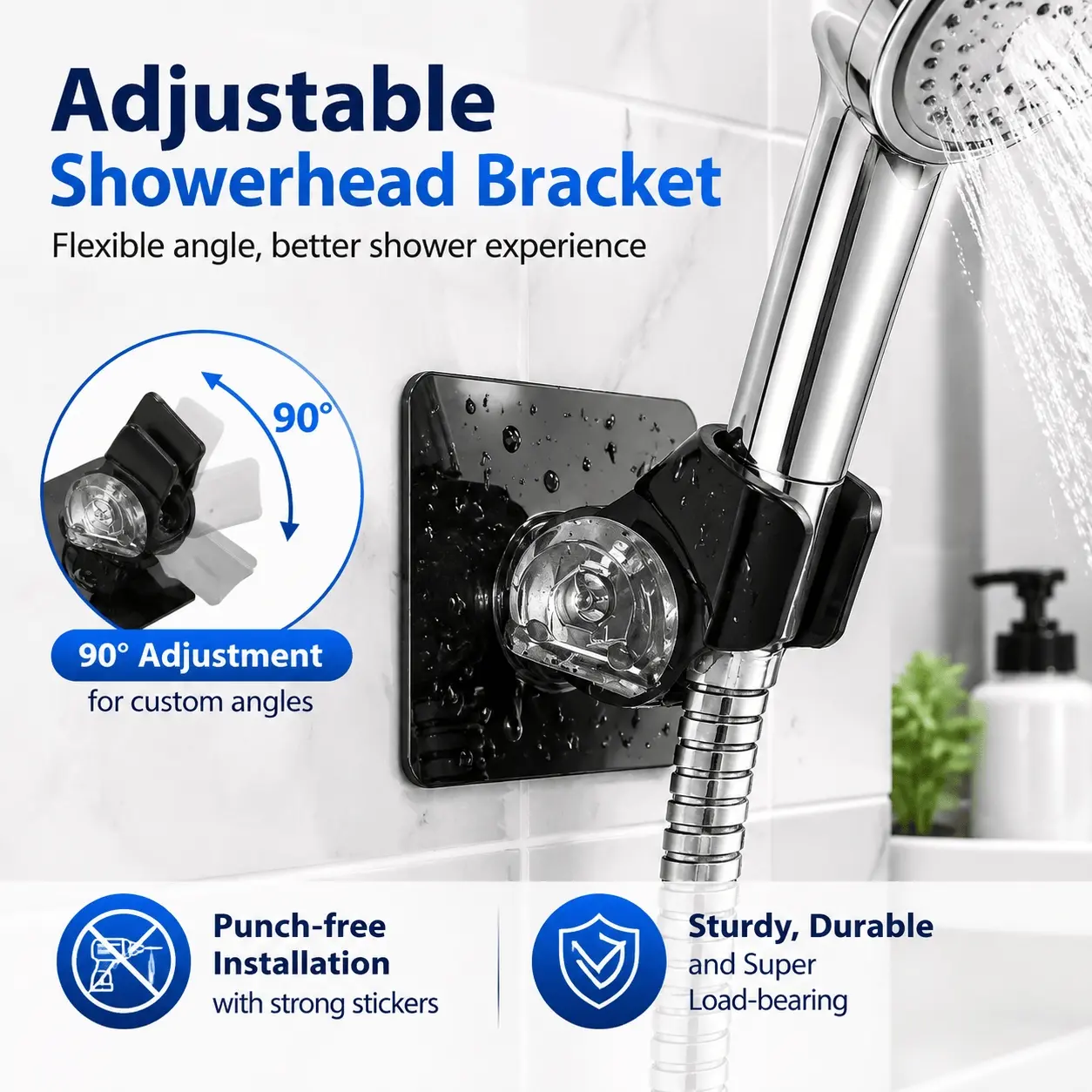 2PCS 90° Adjustable Showerhead Bracket, Wall self-adhesive Bathroom Bracket, Adjustable to Fit Custom Angles, ABS, 7cm, for Bathroom Showering