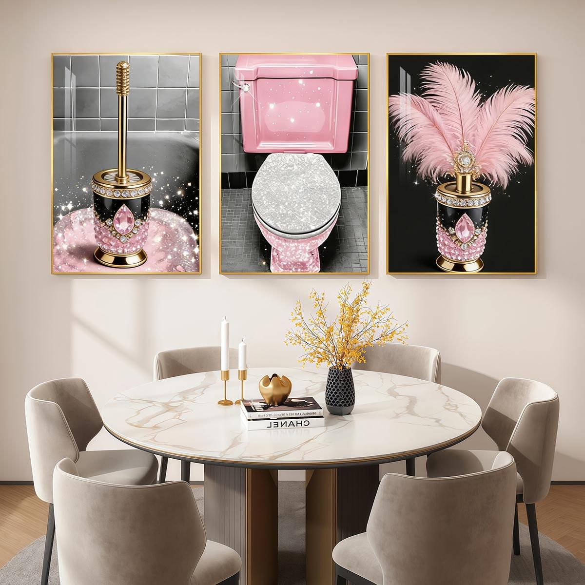 3 Counts Aluminum Alloy Framed Painting, Luxury Pink Diamond Feather Toilet Brush Set Pictures, Home Decoration For Living Room, Bedroom, Office, Restaurant, Hallway Wall Decor, Odorless Print Artwork, Luxury Perfect Gift For Friends And Family