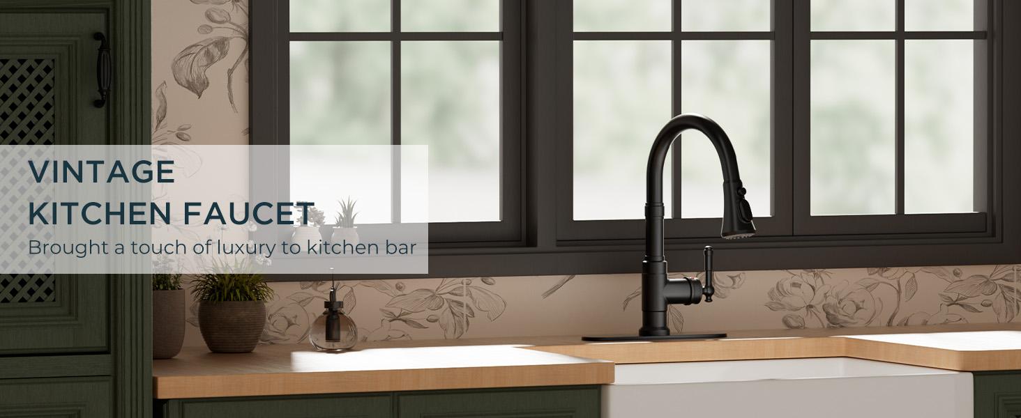 Forious Vintage Kitchen Faucet, Pull Down Sprayer, Oil Rubber Brown, High Arc Single Handle, Antique Stainless Steel, Fits 1 or 3 Hole