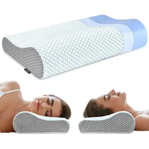 Ergonomic Memory Foam Neck Bed Pillow for Sleeping, Orthopedic Contour Cervical Pillow for Neck & Shoulder Pain Relief, Fits Side Back Stomach Sleepers, Blue & Grey