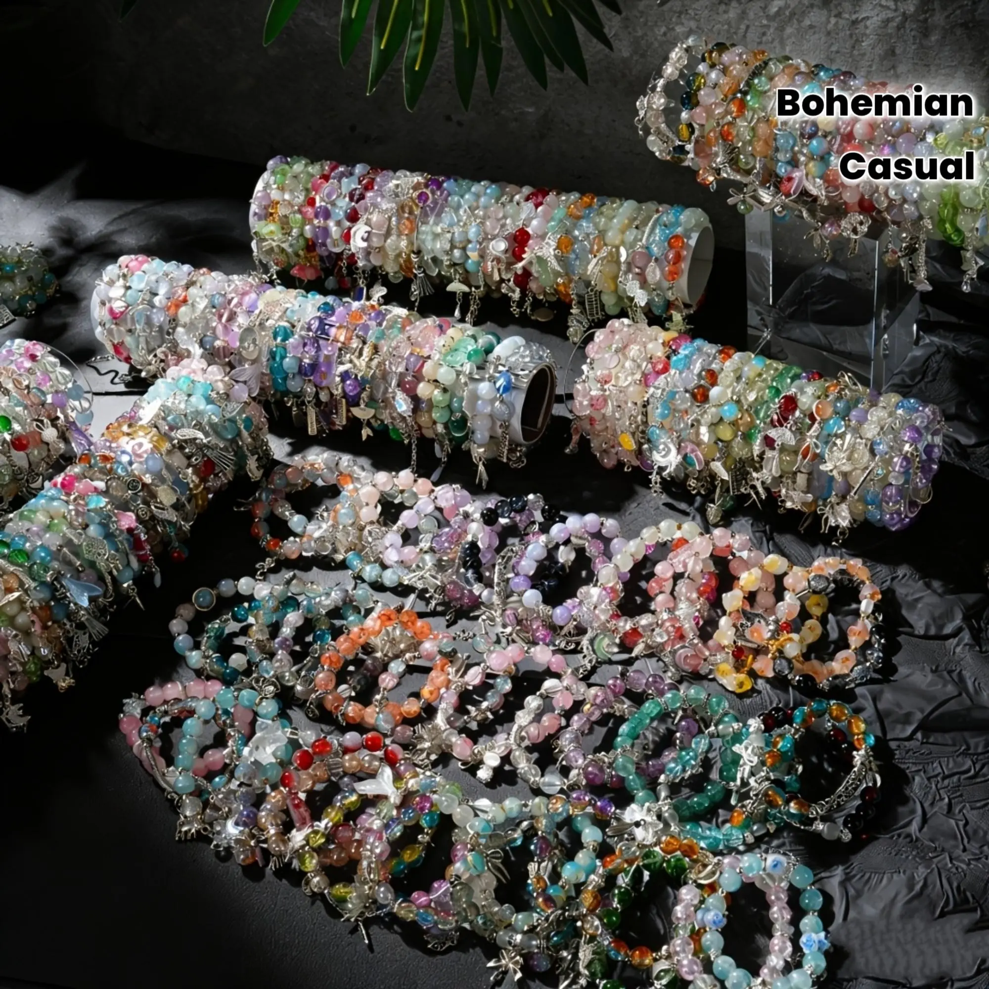 Women's Bohemian Glass & Alloy Mixed Beads Charm Bracelet Set - Alloy Pendant Flair, Stackable, Casual Wear, Beachy Boho Vibe, Colorful Glass Mix Jewelry Accessory for Summer Beach Holidays