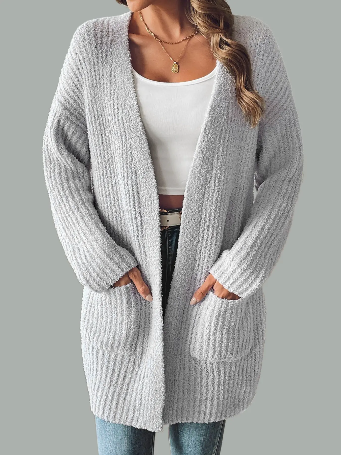 Women's Medium-Length Knit Cardigan, Knitwear, Three Colors Available, Dual Pocket Design, Casual Slim Fit, Everyday, Perfect for Office and Home, Tops