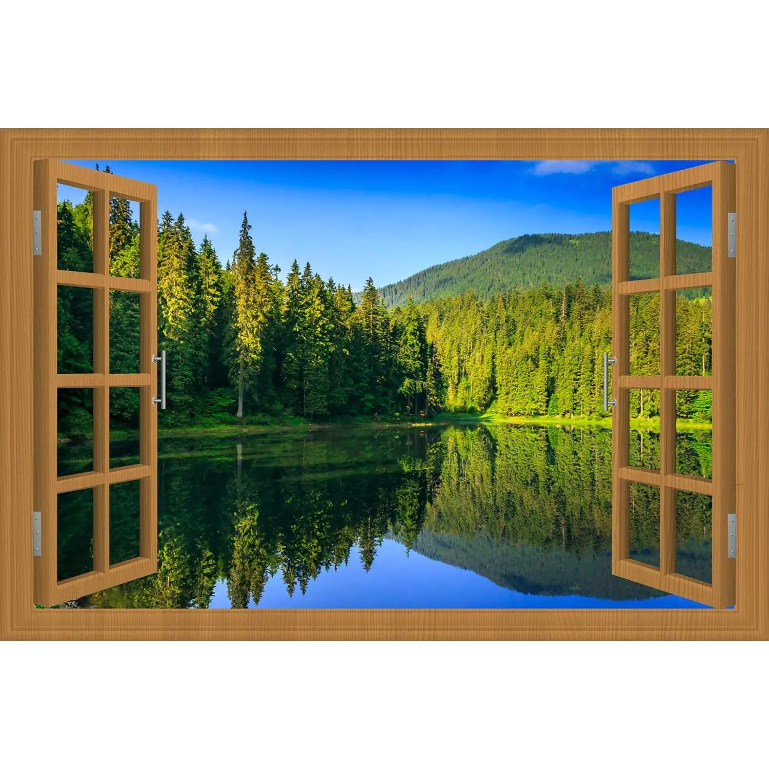 Fake Window for Walls Faux Window Decal Windows Poster Picture Open Window Wall Art Decor, Stick and Peel Wallpaper Nature Wall Decol Forest Lake Scene Mural, 32"x48"