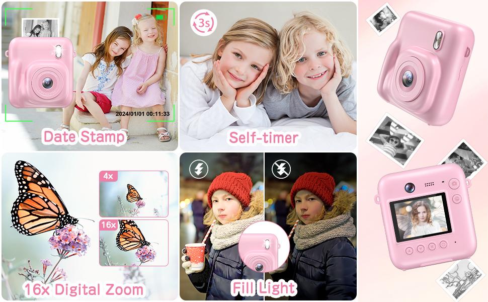 CAMKORY Kids Digital Camera, Dual-Lens Instant Print Camera, 48MP Selfie Camcorder with Lanyard | 4 Rolls Print Paper | 32GB Card | Safe & Eco-Friendly Design | Perfect Birthday Christmas Toddler Toy Camera for Kids Ages 4-10, Boys & Girls Pink