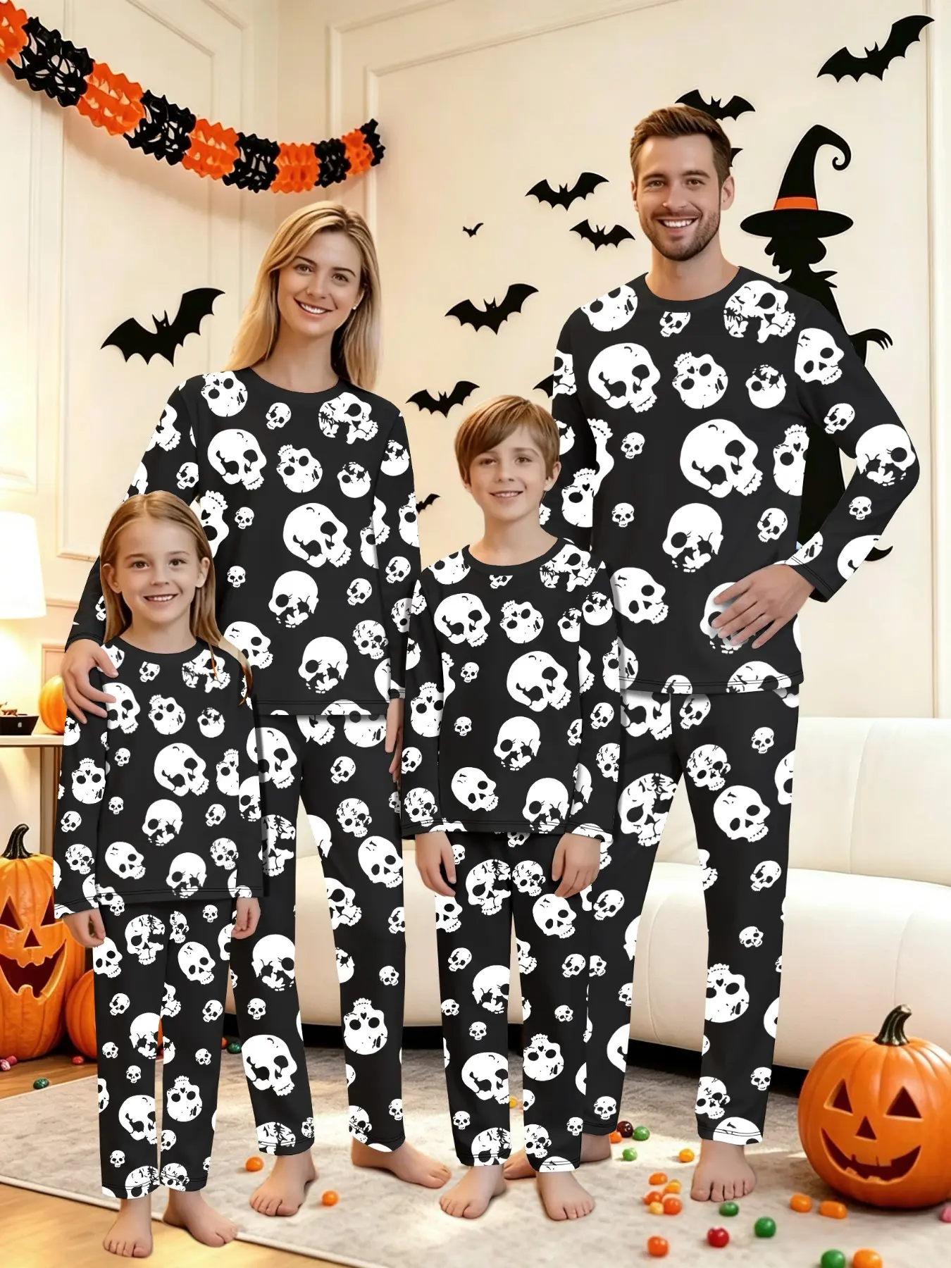 Family Matching Halloween Pajama Set, 2-Piece Skull Print Sleepwear for Men Women Kids, Loose-Fitting Casual All-Seasons Home