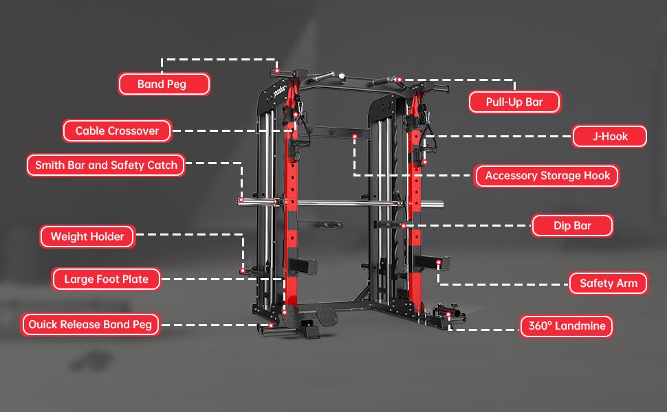 Pooboo Multi-Functional Machine Power Cage, 2000LB Squat Rack, LAT-Pull Down System, Dual Pulley Cable Crossover System, Home Gym Workout Machine with Strength Training Attachments