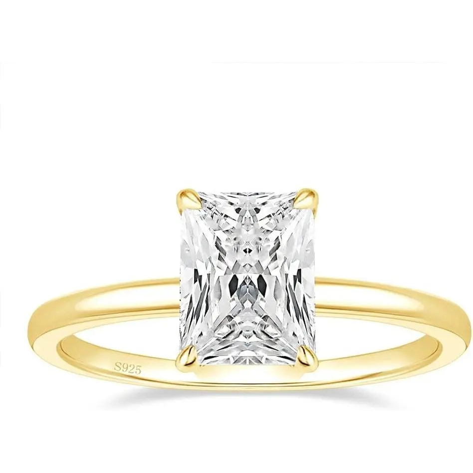 925 Sterling Silver Radiant Cut Engagement Rings for Women | 3CT Cubic Zirconia CZ Solitaire Wedding Bands, Promise Ring for Her, 14K Gold Plated Travel RingsGift
