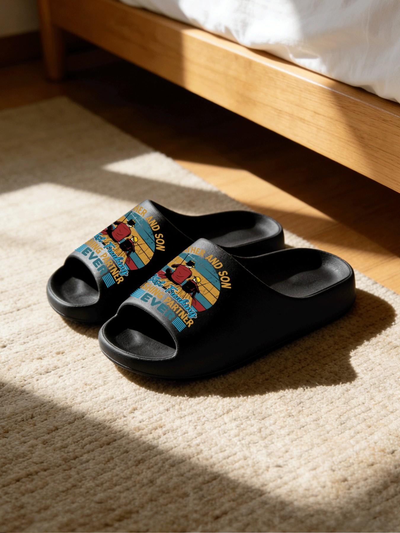 FATHER AND SON Father-Son Fishing Print Coconut Sandals, Cloud-Feel Retro American Casual Style, Unisex Father's Day Fishing Lover Gift Daily Wear, Thick Sole Non-slip Soft Comfortable, All-Season Home Bathroom Outdoor