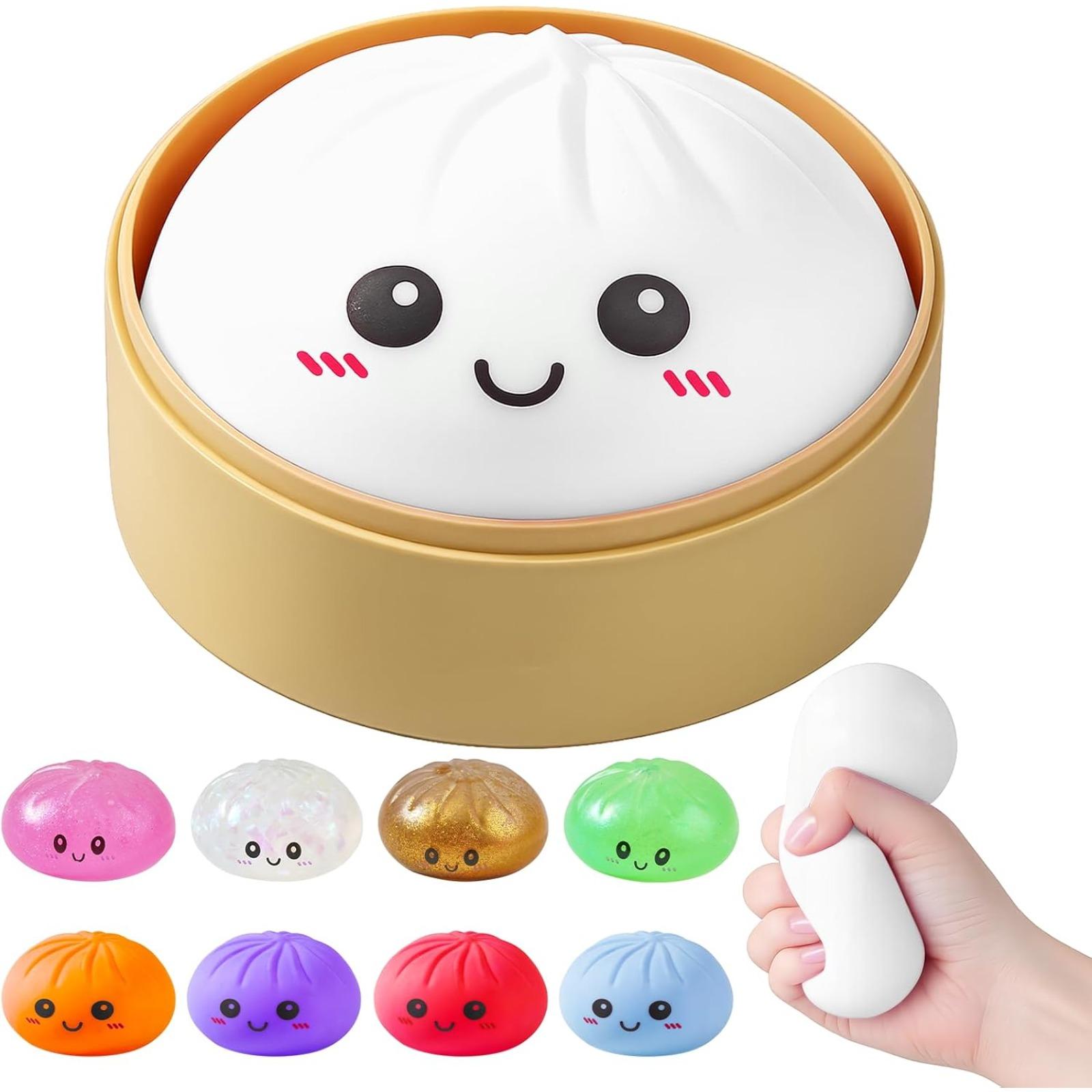 Dumpling Squishies, Glitter Dumpling Mystery Box, Colorful Dumplings Stress Balls Fidget Sensory Toy, Stocking Stuffers with Food Steamer Stretchy Desk Toys (Blue)