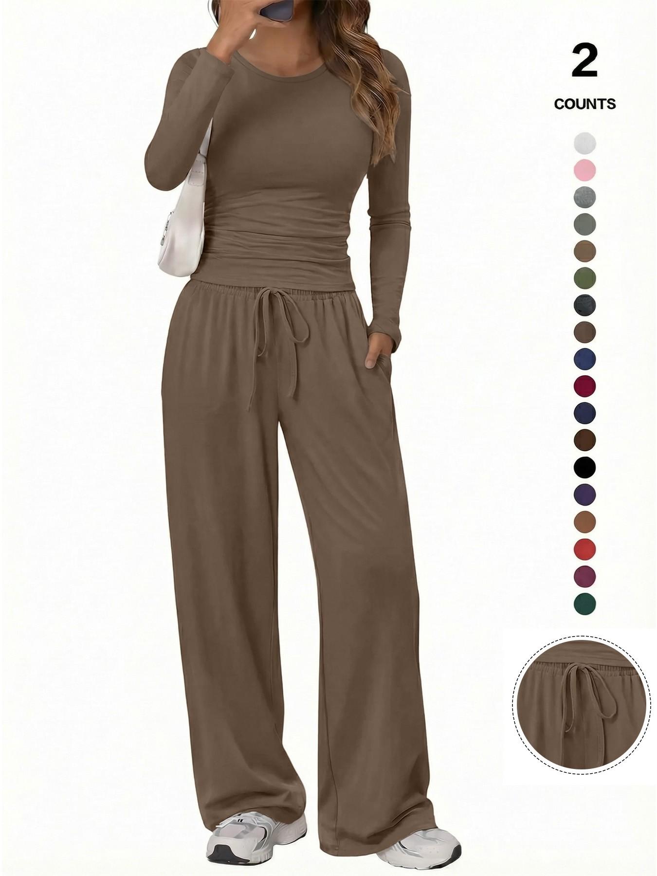 Women's Solid Ruched Drawstring Loungewear Set, Casual Long Sleeve Round Neck Top & Pocket Wide Leg Trousers, Ladies Sleepwear for All Seasons