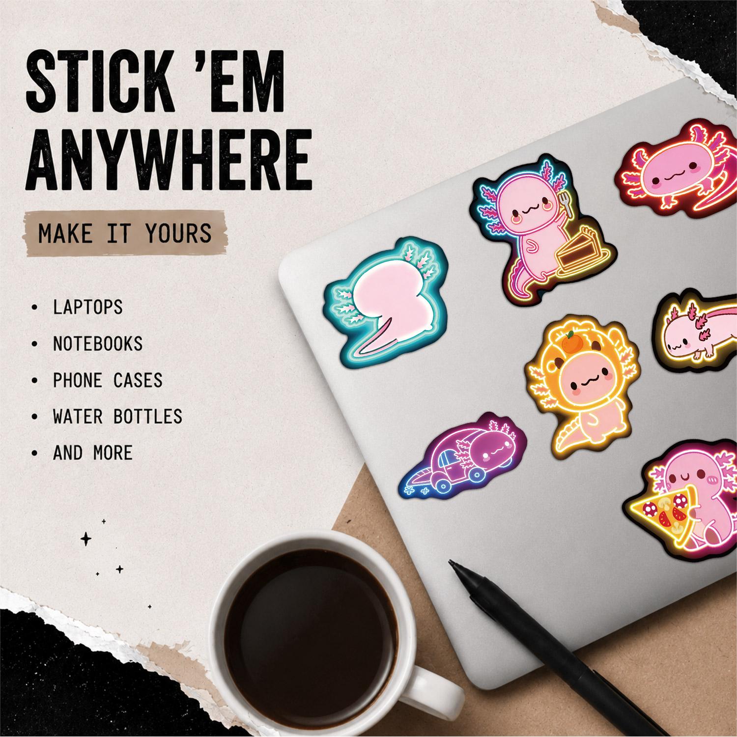 50pcs*5packs Neon Axolotl Aesthetic Vinyl Stickers Pack for Laptop Water Bottle Phone Case Skateboard Journal Scrapbook DIY Decoration