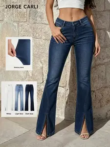 JORGE CARLI Women's Washed Denim Long Pants, Split Leg, Stretch Fabric, Casual Fashion, Slim-Fitting, Plain Pattern, Versatile Style, Stretchy