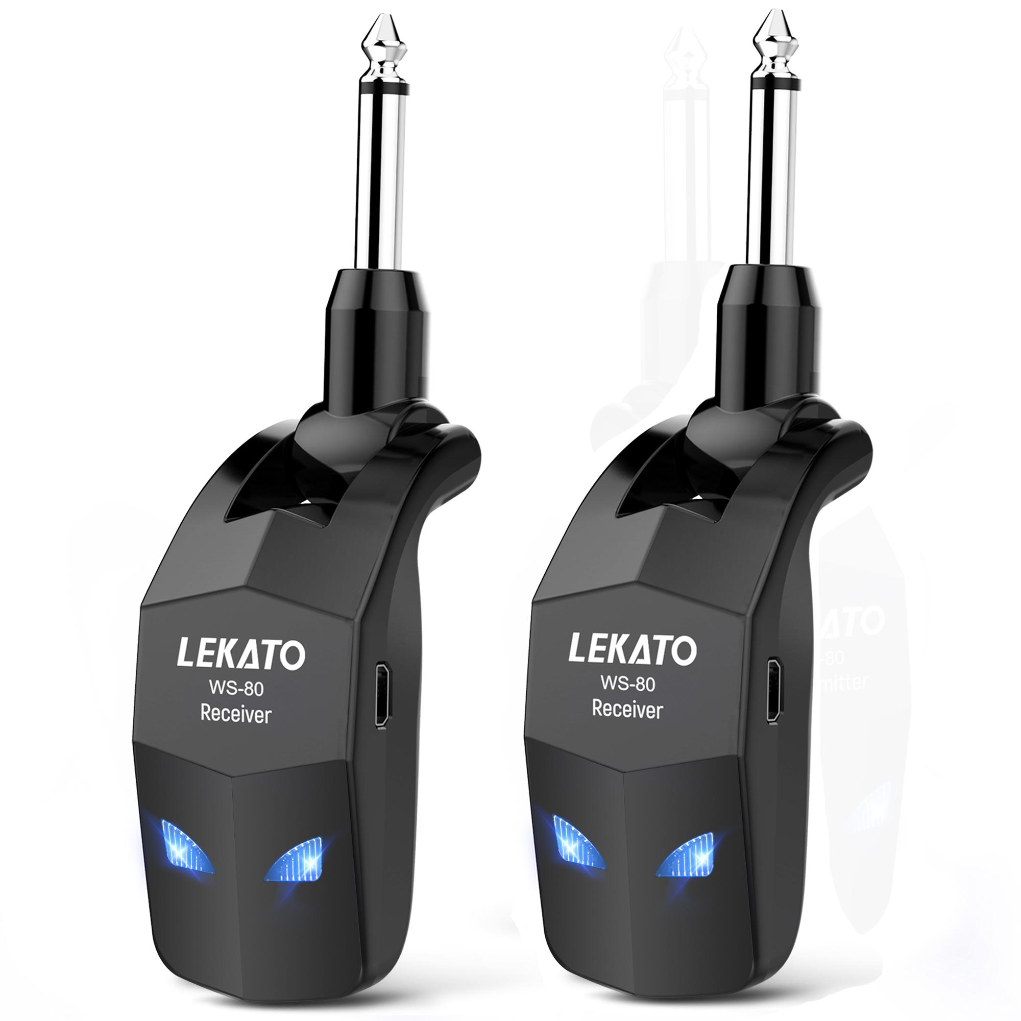 LEKATO WS-80 Wireless Guitar System 2.4Ghz, Audio Wireless Transmitter Receiver with 4 Channels for Electric Guitar and Bass, Rechargeable Guitar Wireless Transmitter and Receiver, for Electric Instruments