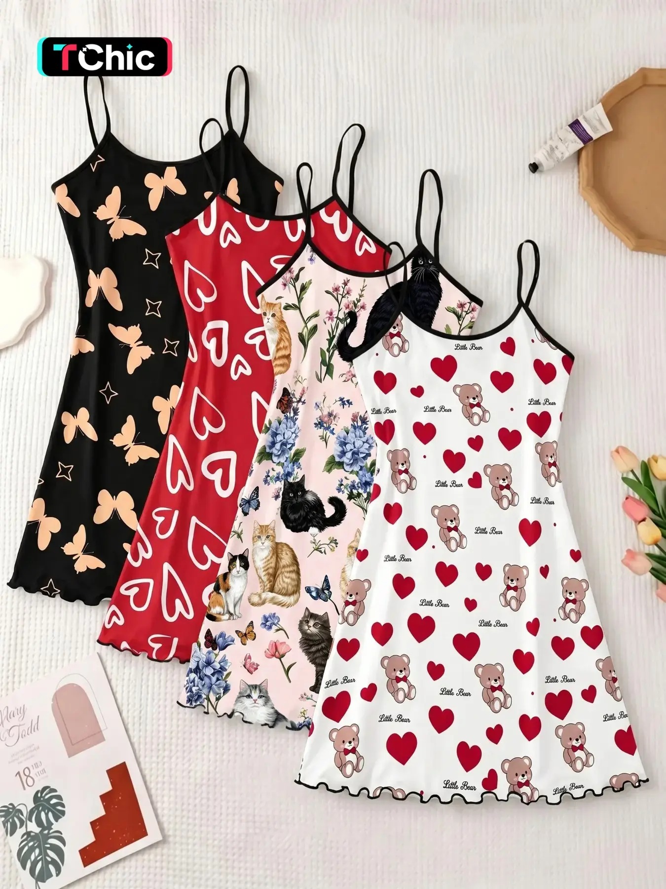 4-Pack Sleeveless Nightdresses, Sleeveless Nightgown, All-Over Print, Wave Edge Design, Breathable & Comfortable, Casual Home Wear, Sweet Cool Style, All Seasons Nightwear, Sleepwear Homewear Clothes