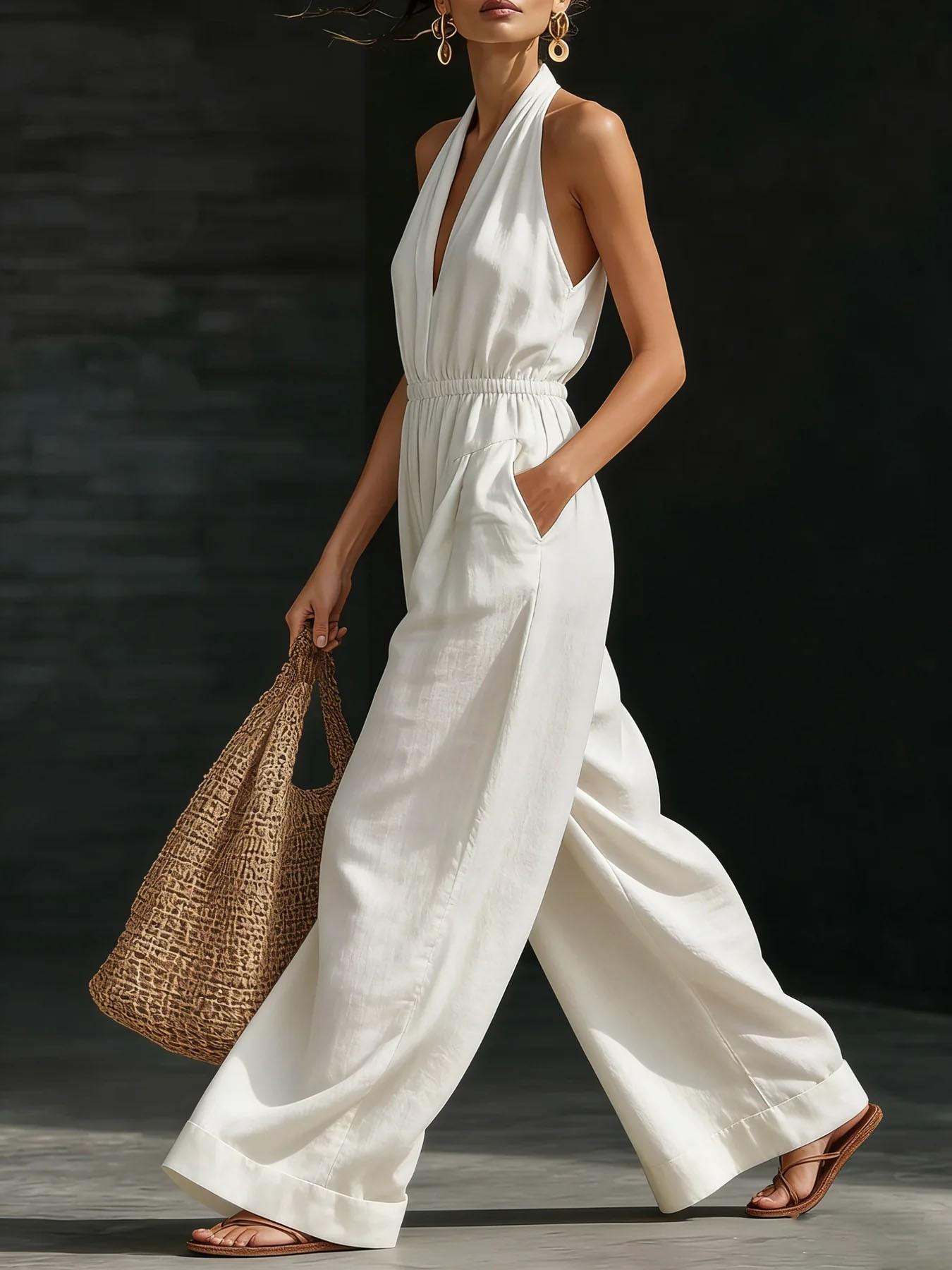 Women's V-Neck Halter Backless One-Piece Dress, Elegant Design, Fashionable Office Wear, French Style, Perfect for Daily Use