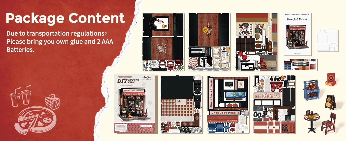 CUTEBEE DIY 3D Book Nook Kit Uncle Joe’s Pizzeria – Miniature Wooden Streetscape Pizza Shop with LED Light, Handmade 3D Dollhouse Decor | Holiday, Christmas and Black Friday Gift