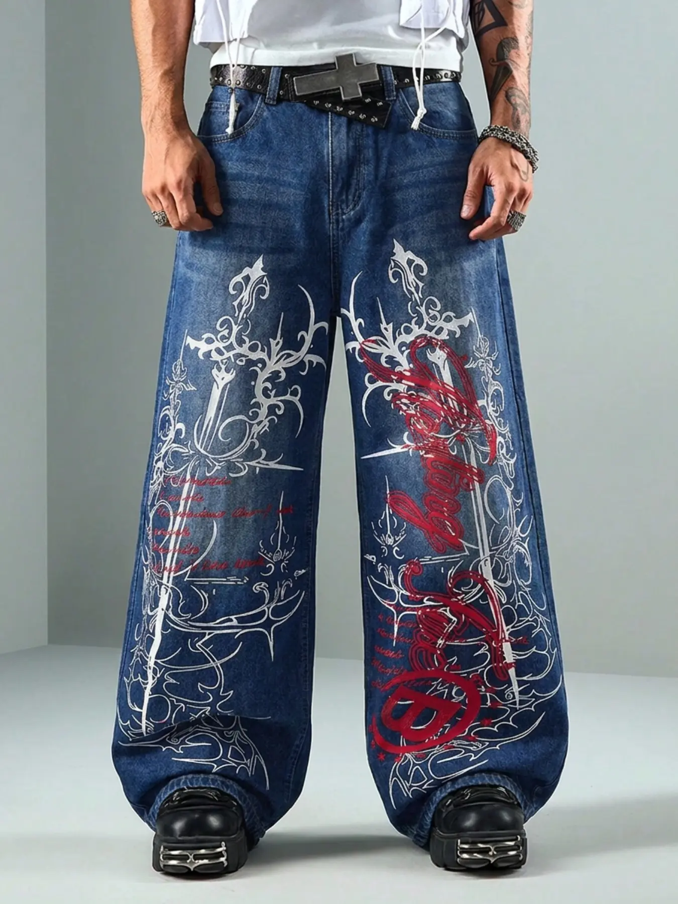Men's Vintage Washed Wide Leg Jeans, Gothic Baroque Thorn Cross Print, Y2K Punk Hip Hop Street Style, Casual Loose Fit Denim Jeans