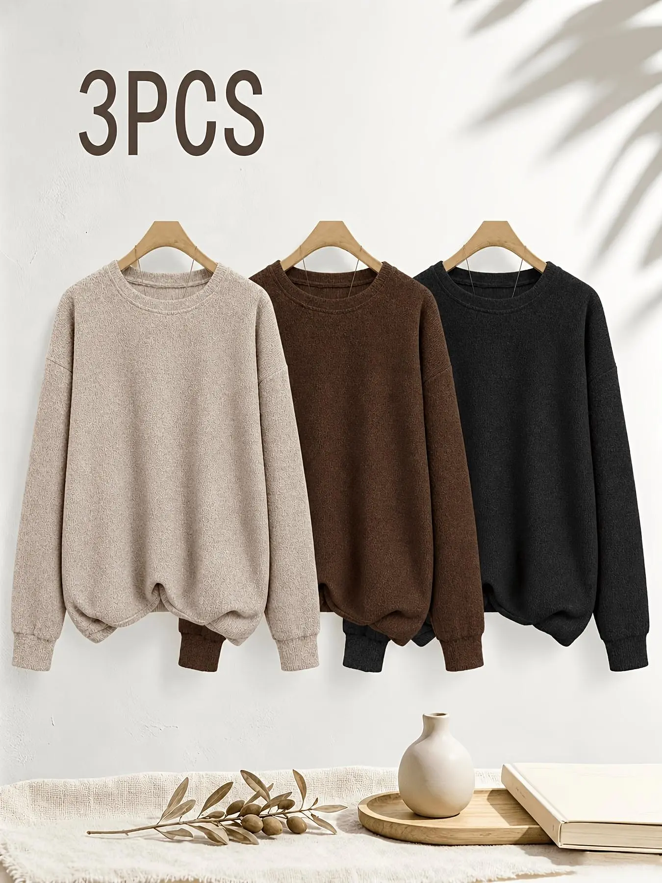 3-Pack Women's Solid Color Pullover Sweater, Soft Warm Round Neck Loose Fit Long Sleeve, Basic Casual Knit Top for Fall Winter Layering