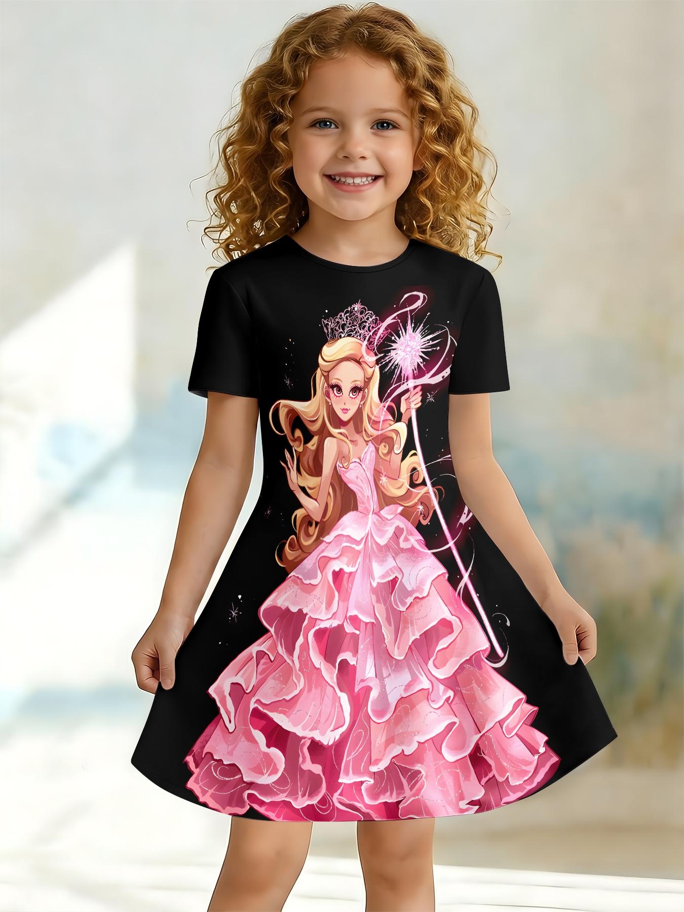 Girls Summer Pink Gown Princess Print Dress, Kids Black Background Magic Scepter Crew Neck Short Sleeve A-Line Dress