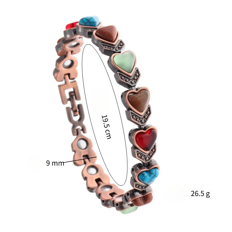 Women's Vintage Red Copper Heart Motif Healing Crystal Magnetic Therapy Bracelet - Multi-Color Natural Stone Link, Adjustable Size Ladies Wear Jewelry, Gift Ideas for Women, Link Bracelet