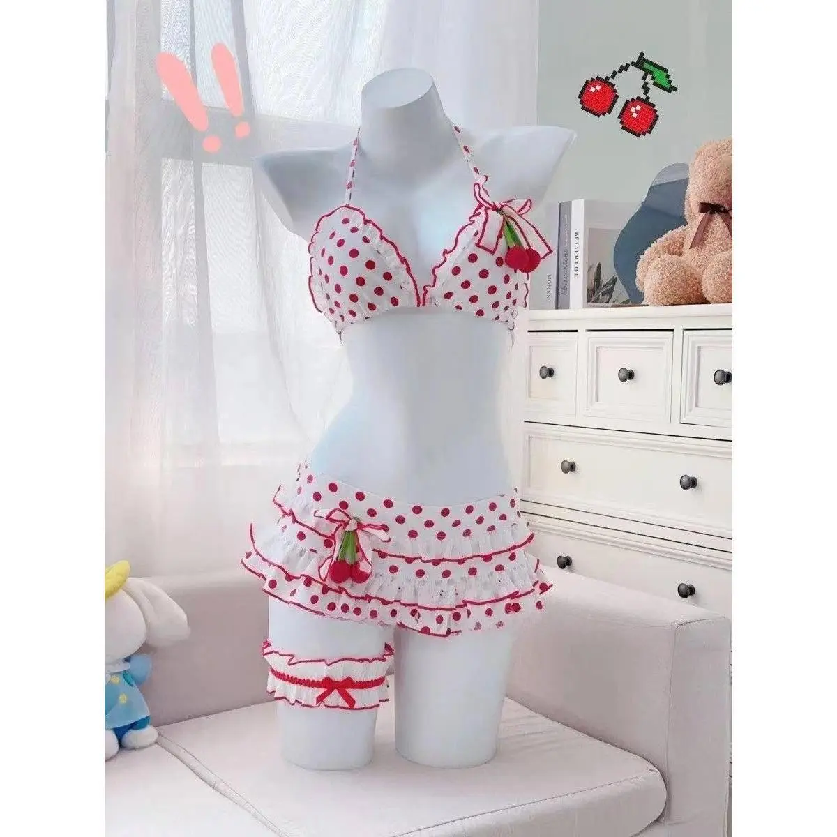 Kawaii Floral Print Two Piece Swim Skirt Bikini Women Y2K Japanese Sweet Ruffle Ladies Beach Fashion Swimwears