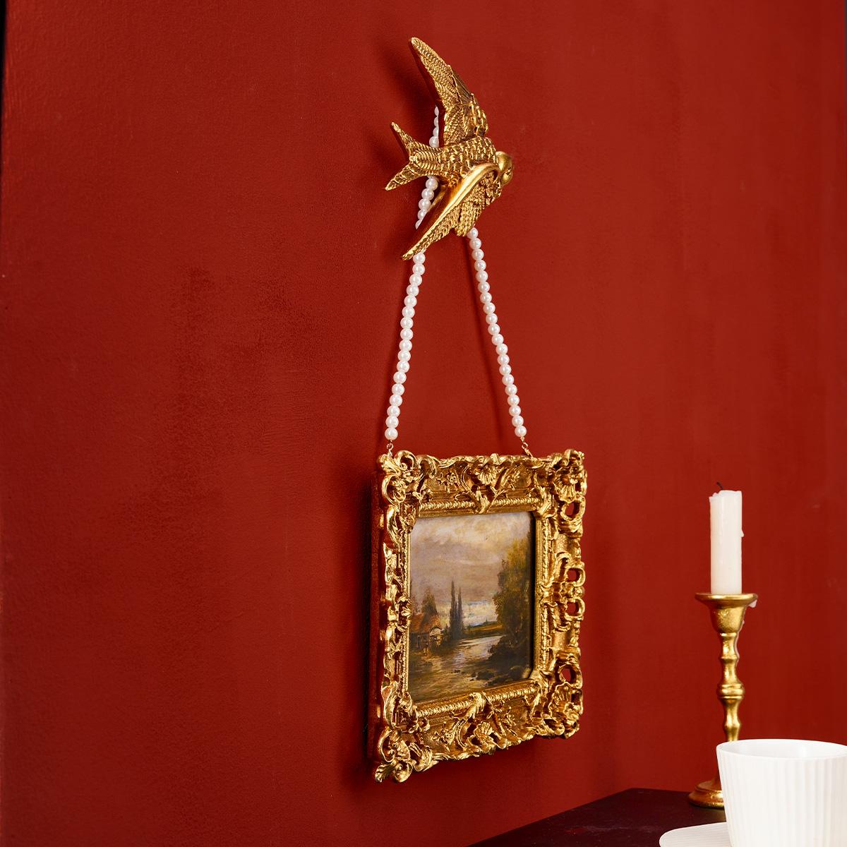 European Vintage Frame Set, Rectangular Decorative Photo Display, Pearl Chain & Swallow Design, Wall Hanging, Home Decoration, Picture Frame