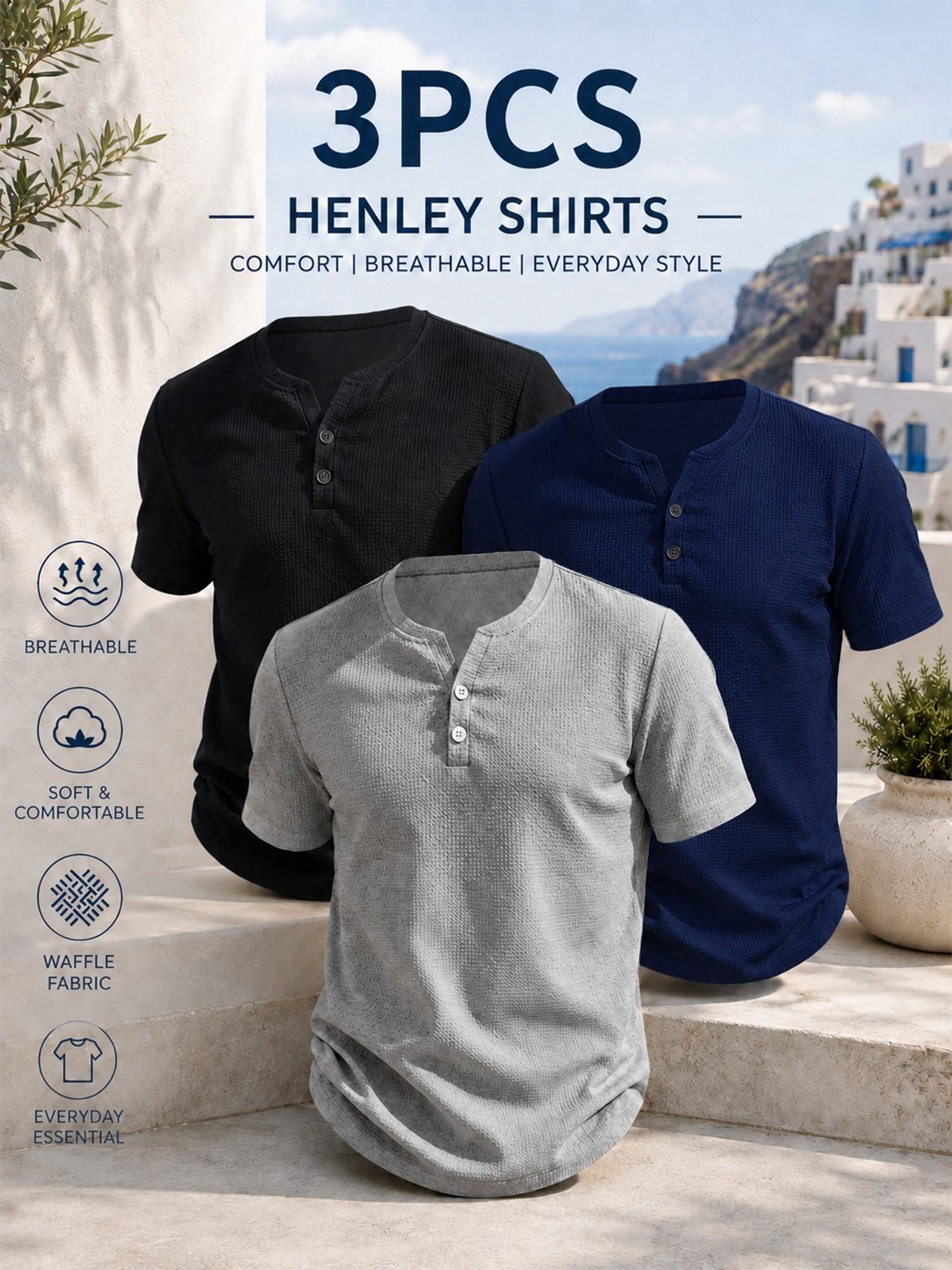 3pcs Men’s Waffle Knit Henley Shirt, Textured 2-Button Casual T-Shirt, Lightweight Breathable Summer Top, Slim-Fitting Long Sleeve, Menswear