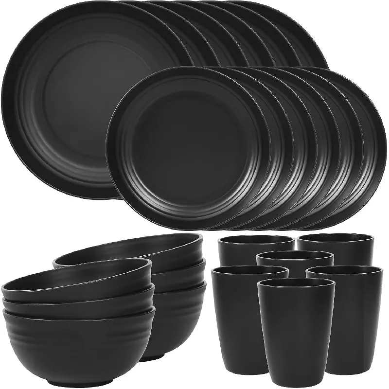 24 Piece Plates and Bowls Sets for 6, Unbreakable Dinnerware Sets, Dish Set for Camping, Dishwasher Microwave Safe, Outdoor Kitchen and Apartment Dorm Dinning RV Essentials, Black