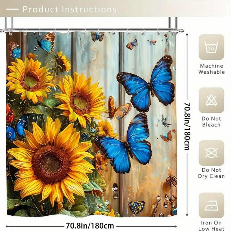 Sunflower Pattern Bathroom Decor Set, 4 Countsset Including Shower Curtain & Toilet U-shape Mat & Bathroom Mat & Toilet Lid Cover, Bathroom Decor Supplies, Bathroom Decoration Accessories